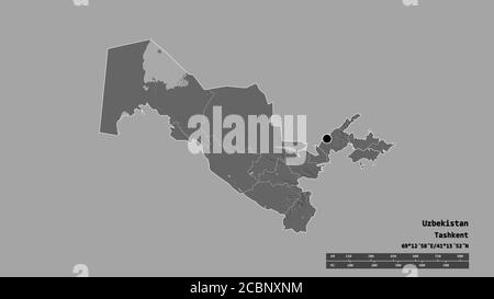 Desaturated shape of Uzbekistan with its capital, main regional division and the separated Ferghana area. Labels. Bilevel elevation map. 3D rendering Stock Photo