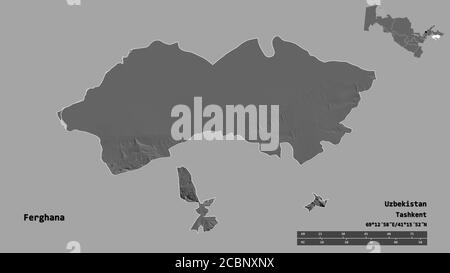 Shape of Ferghana, region of Uzbekistan, with its capital isolated on solid background. Distance scale, region preview and labels. Bilevel elevation m Stock Photo