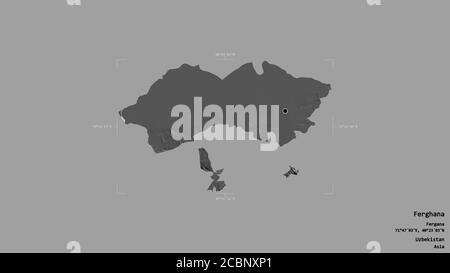 Area of Ferghana, region of Uzbekistan, isolated on a solid background in a georeferenced bounding box. Labels. Bilevel elevation map. 3D rendering Stock Photo