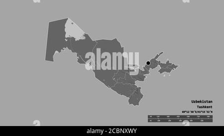 Desaturated shape of Uzbekistan with its capital, main regional division and the separated Karakalpakstan area. Labels. Bilevel elevation map. 3D rend Stock Photo
