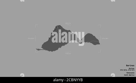 Area of Barinas, state of Venezuela, isolated on a solid background in a georeferenced bounding box. Labels. Bilevel elevation map. 3D rendering Stock Photo