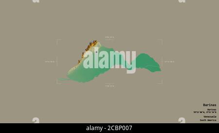 Area of Barinas, state of Venezuela, isolated on a solid background in a georeferenced bounding box. Labels. Topographic relief map. 3D rendering Stock Photo