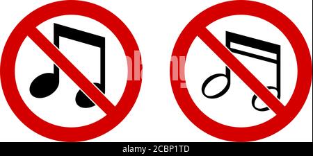 Keep your music low / quiet please sign. Musical note icon in red crossed circle Stock Vector