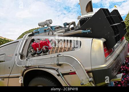 OSAKA, JAPAN - Apr 23, 2016 : Photo of  Close up of Delorean DMC-12 left rear part from Back to the Future at Universal Studios Japan. Stock Photo