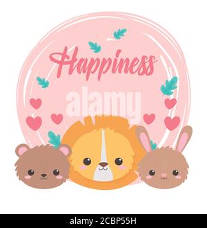 cute little faces lion bear rabbit hearts cartoon animals vector illustration Stock Vector