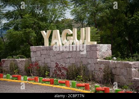 The sign at the entrance to the ruins of the Zapotec city of Yagul, near Oaxaca, Mexico. Stock Photo
