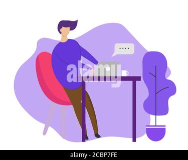 Illustration vector design of man working with his own laptop. Freelancer. Work at home. Stock Vector