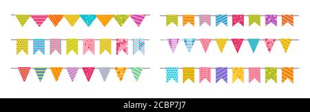 Flag garland bunting birthday party flat set. Anniversary, celebration party hanging pattern flags cartoon collection. Buntings pennants celebration, festival decoration. Isolated vector illustration Stock Vector