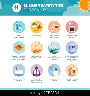 Summer safety tips for seniors: how to prevent heat stroke and stay cool, healthcare infographic and icons set Stock Vector