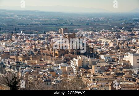 View from the Alhambra to the cathedral of Granada, Granada, Andalusia, Spain Stock Photo