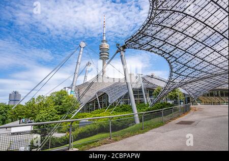 Olympic tower with Olympic tent roof, left BMW tower, Olympic park, Olympic grounds, Munich, Upper Bavaria, Bavaria, Germany Stock Photo