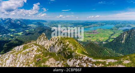 Panorama from Saeuling, 2047m, to the Tannheimer Berge, Vils, in the district Reutte in Tyrol, Austria, as well as Falkensteinkamm, Weissensee Stock Photo