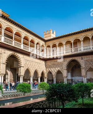 Patio de las Doncellas, Court of the Virgins, Italian Renaissance inner courtyard with stucco arabesques in Mudejares style, Royal Palace of Seville Stock Photo