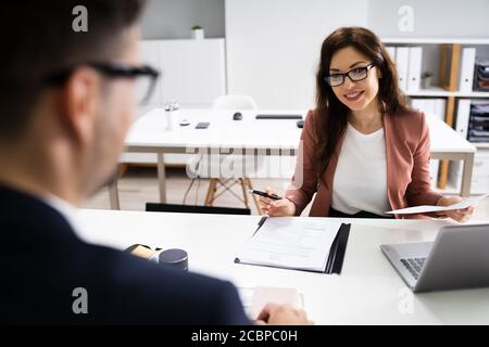 Job Interview. Business Manager Talking To Recruiter In Meeting Stock Photo