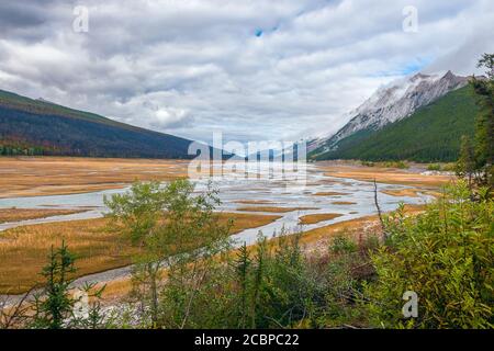 Low water level in Medicine Lake. Jasper National Park. Alberta. Canada Stock Photo