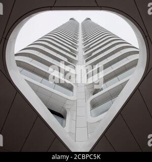 Heart-shaped view of the Grand Tower, the first high-rise residential building in the German Quarter, Frankfurt am Main, Hesse, Germany Stock Photo
