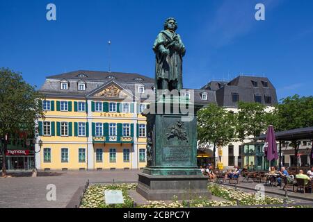 Beethoven Monument and Main Post Office, Former Fuerstenbergisches Palais on Muensterplatz, Bonn, North Rhine-Westphalia, Germany Stock Photo