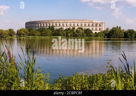 Dutzendteich in front of the Congress Hall, former Nazi Party Rally Grounds, rowers, Nuremberg, Franconia, Bavaria, Germany Stock Photo