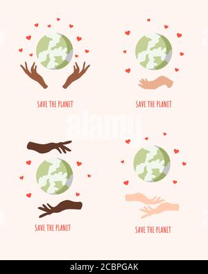 Hands holding the globe. Save planet. Ecology concept with natural elements. Mother earth day. Earth in our hands. Vector illustration in trendy flat Stock Vector