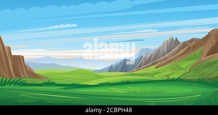 Mountain range. Landscape. Mountains panorama with clouds and meadow. Vector background image. Flat cartoon style. Horizon view. Stock Vector