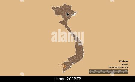 Desaturated shape of Vietnam with its capital, main regional division and the separated Kiên Giang area. Labels. Composition of patterned textures. 3D Stock Photo