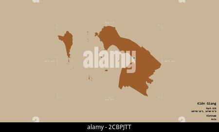 Area of Kiên Giang, province of Vietnam, isolated on a solid background in a georeferenced bounding box. Labels. Composition of patterned textures. 3D Stock Photo