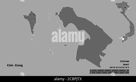 Shape of Kiên Giang, province of Vietnam, with its capital isolated on solid background. Distance scale, region preview and labels. Bilevel elevation Stock Photo