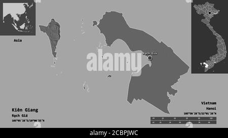 Shape of Kiên Giang, province of Vietnam, and its capital. Distance scale, previews and labels. Bilevel elevation map. 3D rendering Stock Photo