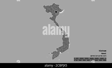 Desaturated shape of Vietnam with its capital, main regional division and the separated Kiên Giang area. Labels. Bilevel elevation map. 3D rendering Stock Photo