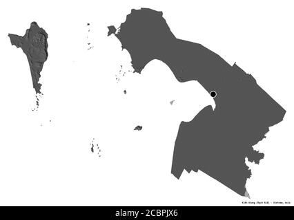 Shape of Kiên Giang, province of Vietnam, with its capital isolated on white background. Bilevel elevation map. 3D rendering Stock Photo