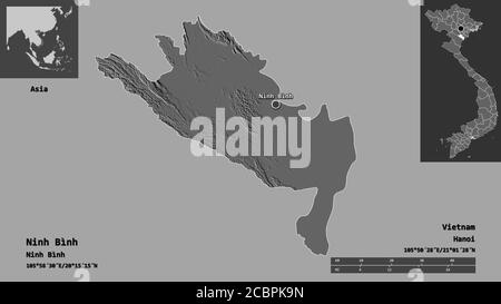 Shape of Ninh Bình, province of Vietnam, and its capital. Distance scale, previews and labels. Bilevel elevation map. 3D rendering Stock Photo