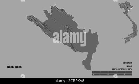 Shape of Ninh Bình, province of Vietnam, with its capital isolated on solid background. Distance scale, region preview and labels. Bilevel elevation m Stock Photo