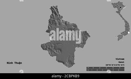 Shape of Ninh Thuận, province of Vietnam, with its capital isolated on solid background. Distance scale, region preview and labels. Bilevel elevation Stock Photo