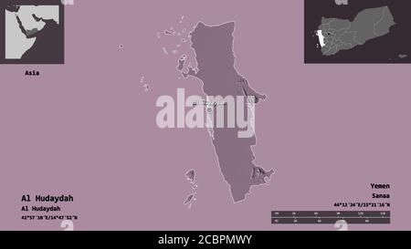 Shape of Al Hudaydah, governorate of Yemen, and its capital. Distance scale, previews and labels. Colored elevation map. 3D rendering Stock Photo