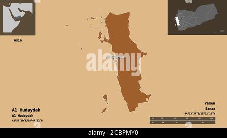 Shape of Al Hudaydah, governorate of Yemen, and its capital. Distance scale, previews and labels. Composition of patterned textures. 3D rendering Stock Photo