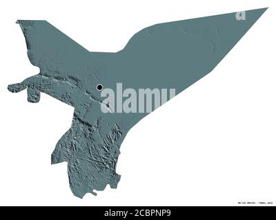 Shape of Ma'rib, governorate of Yemen, with its capital isolated on white background. Colored elevation map. 3D rendering Stock Photo