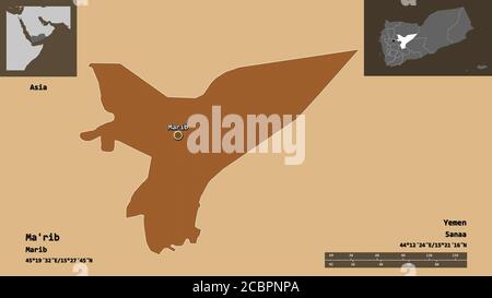 Shape of Ma'rib, governorate of Yemen, and its capital. Distance scale, previews and labels. Composition of patterned textures. 3D rendering Stock Photo