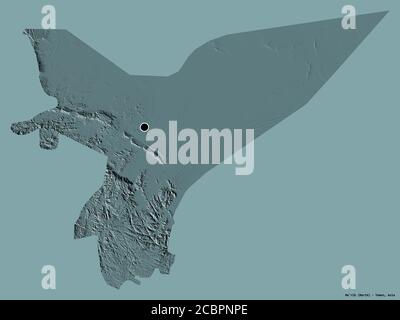 Shape of Ma'rib, governorate of Yemen, with its capital isolated on a solid color background. Colored elevation map. 3D rendering Stock Photo