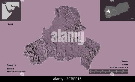 Shape of Sana'a, city of Yemen, and its capital. Distance scale, previews and labels. Colored elevation map. 3D rendering Stock Photo