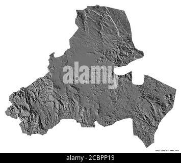 Shape of Sana'a, city of Yemen, with its capital isolated on white background. Bilevel elevation map. 3D rendering Stock Photo