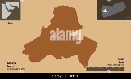 Shape of Sana'a, city of Yemen, and its capital. Distance scale, previews and labels. Composition of patterned textures. 3D rendering Stock Photo