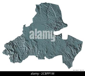 Shape of Sana'a, city of Yemen, with its capital isolated on white background. Colored elevation map. 3D rendering Stock Photo