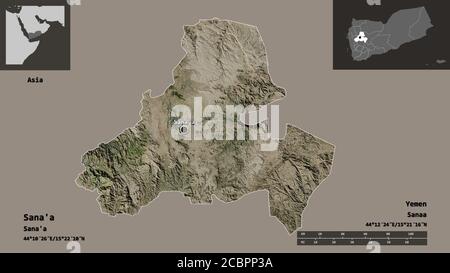 Shape of Sana'a, city of Yemen, and its capital. Distance scale, previews and labels. Satellite imagery. 3D rendering Stock Photo