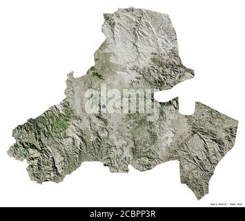 Shape of Sana'a, city of Yemen, with its capital isolated on white background. Satellite imagery. 3D rendering Stock Photo