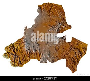 Shape of Sana'a, city of Yemen, with its capital isolated on white background. Topographic relief map. 3D rendering Stock Photo