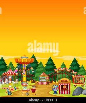 Amusement park scene at daytime with blank yellow sky illustration ...