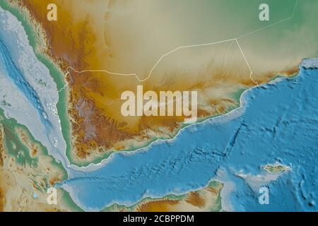 Extended area of Yemen with country outline, international and regional borders. Topographic relief map. 3D rendering Stock Photo