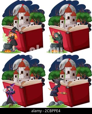 Set of witches and castle tower with pop up book cartoon style on white background illustration Stock Vector