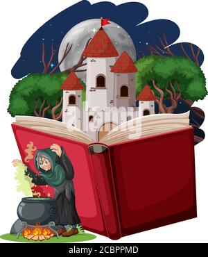 Witch and castle tower with pop up book cartoon style on white background illustration Stock Vector