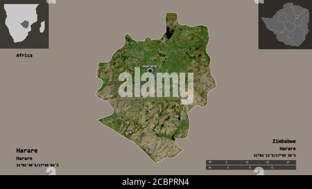 Shape of Harare, city of Zimbabwe, and its capital. Distance scale, previews and labels. Satellite imagery. 3D rendering Stock Photo